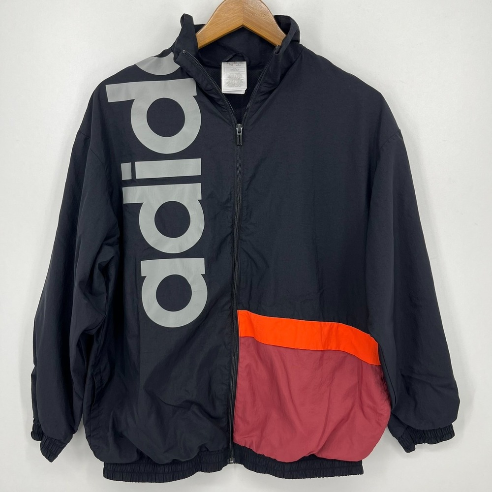 Adidas Windbreaker Jacket Women's Size L‎ Black Full Zip Colorblock Logo